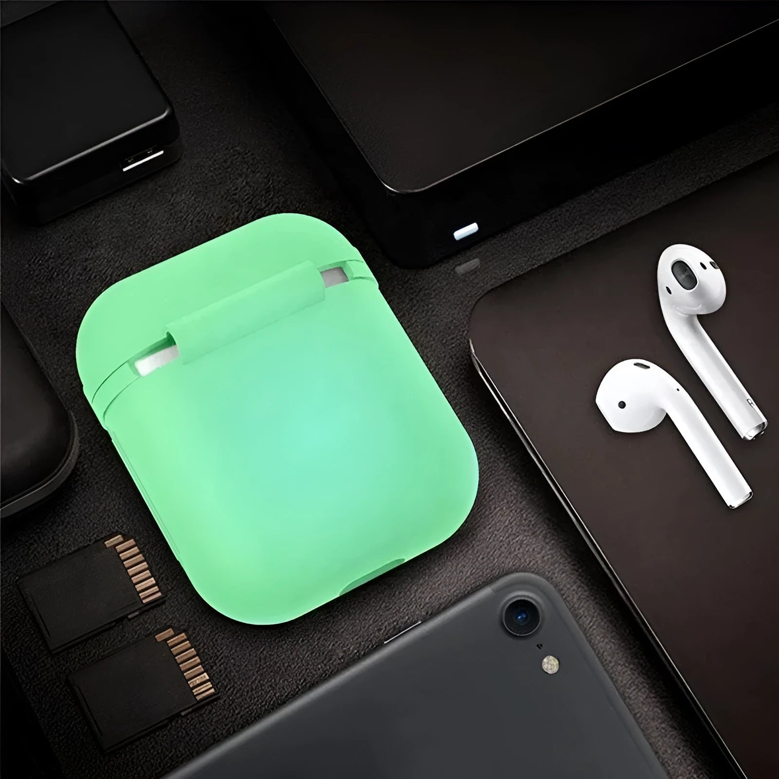 Luminous silicone flip case for AirPods wireless earphones showing open and closed positions