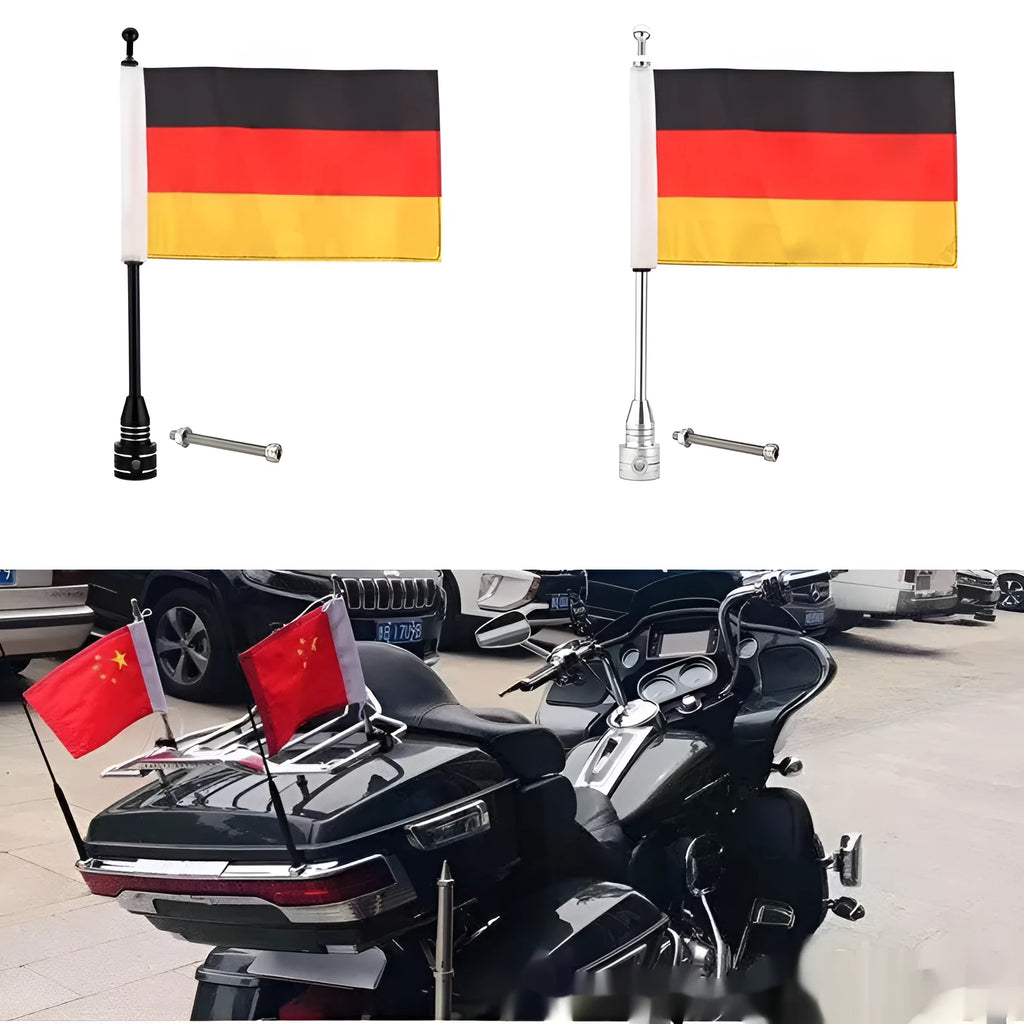 Black and silver motorcycle side box flagpole for mounting on luggage rack or bumper.