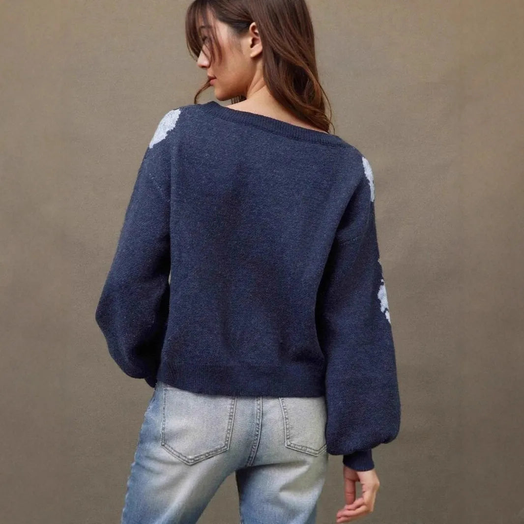 Sapphire Blue women's floral jacquard pullover with loose casual streetwear style