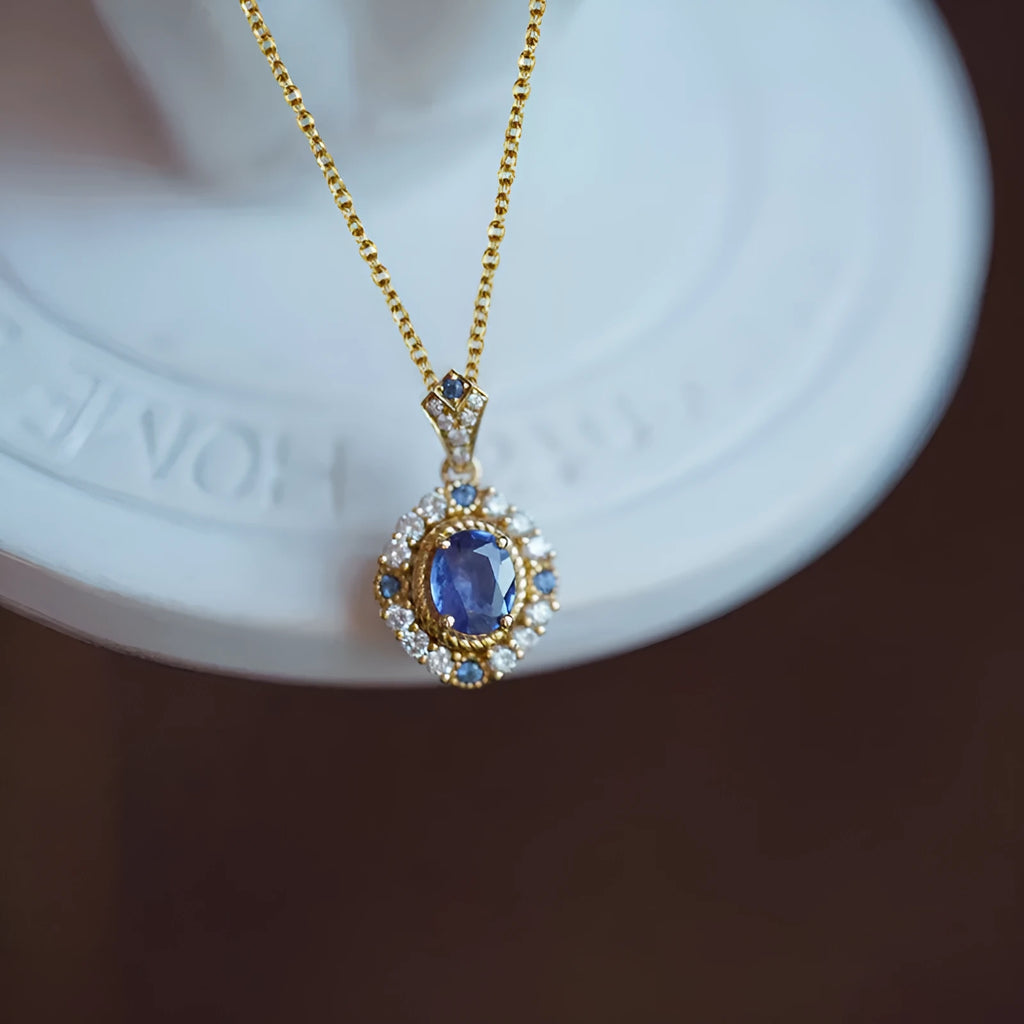 Golden women's necklace with mixed gem pendant on adjustable 21-50cm box chain