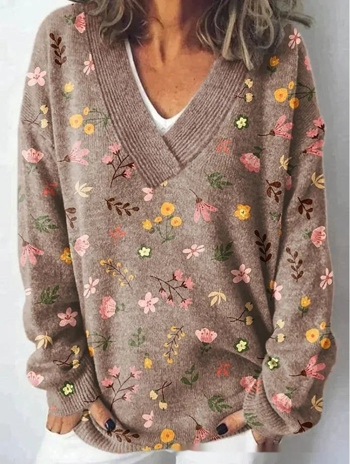 Women's V-neck long sleeve sweatshirt with a detailed 3D floral pattern print in a retro style.