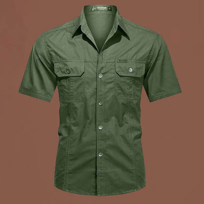 Men's short sleeve cotton work shirt in loose fit cardigan style showing non-ironing construction