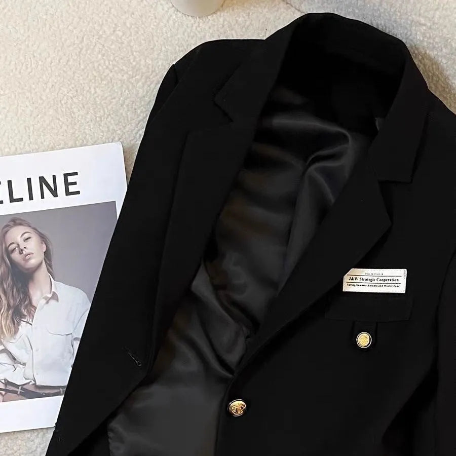 Women's black loose fit polyester suit coat with chest pocket for office wear