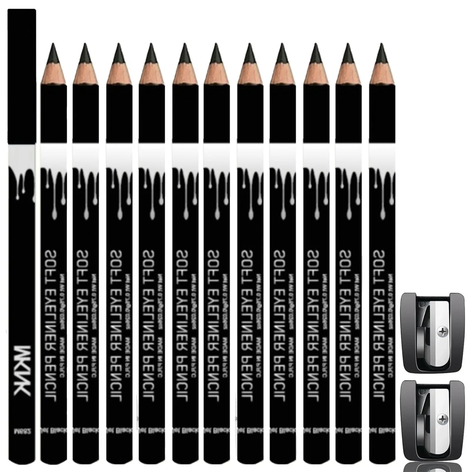 12 white and black eyeliner pencils with sharpener in waterproof makeup set