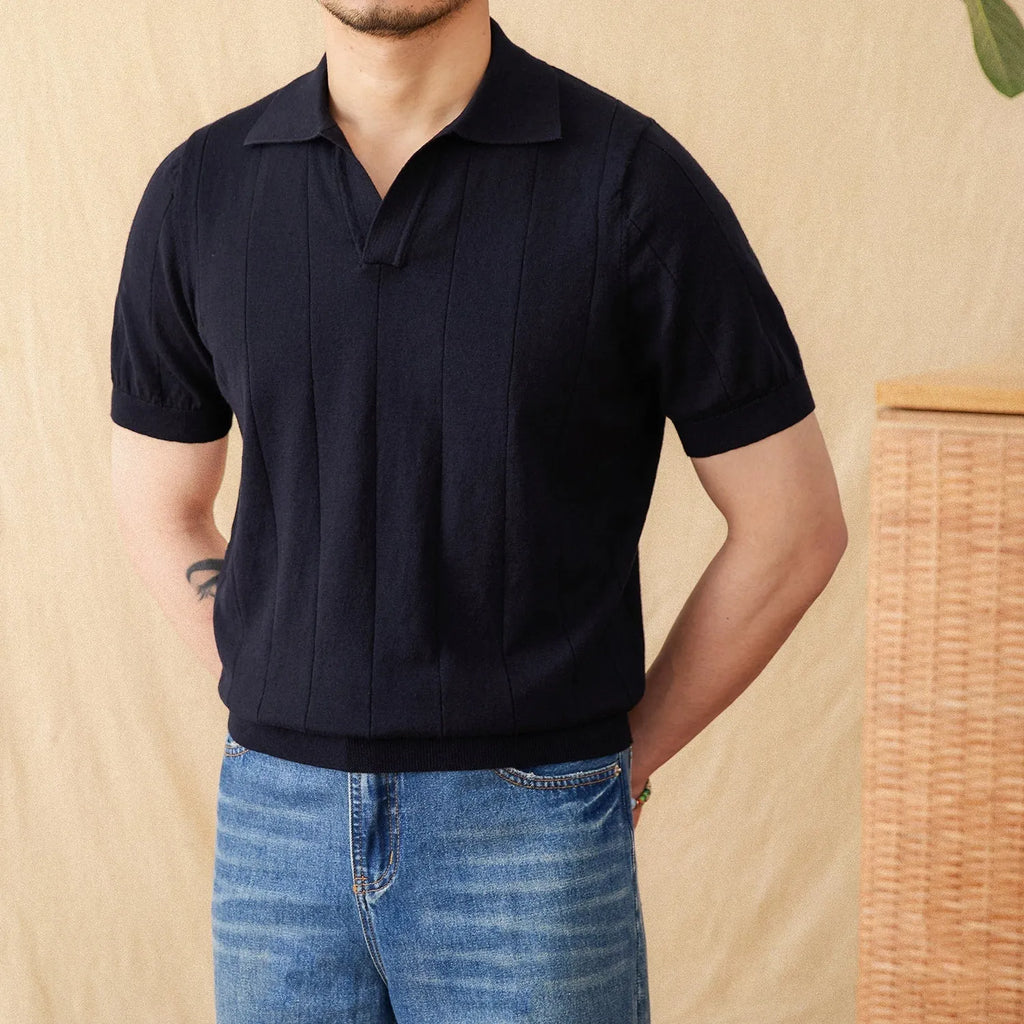 Men's purple cotton linen striped polo collar short sleeve top on hanger