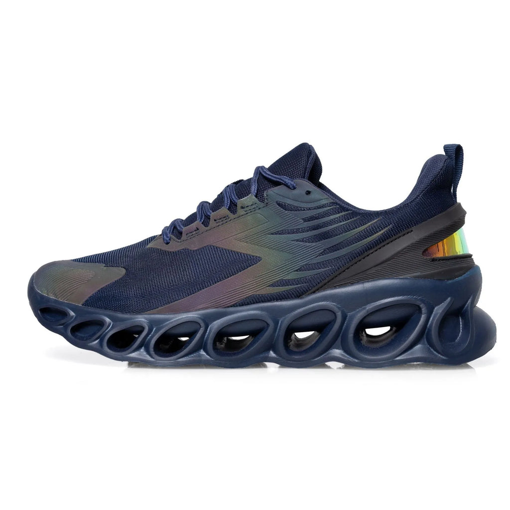 Men's low-top breathable mesh casual sports shoes in black, white, and dark blue on a white background.