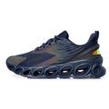 Men's low-top breathable mesh casual sports shoes in black, white, and dark blue on a white background.