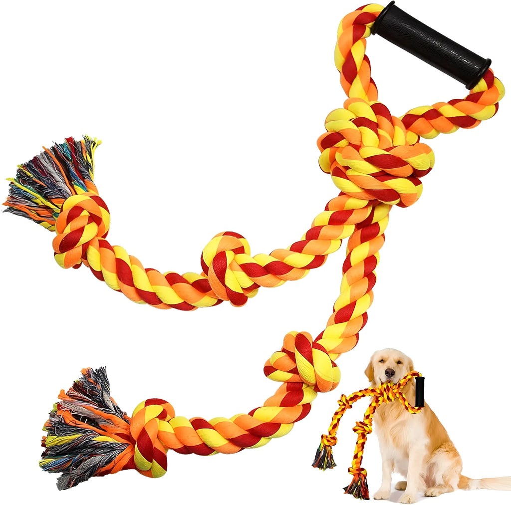 Blue and yellow woven cotton rope dog toy with a non-slip handle for tug-of-war games.