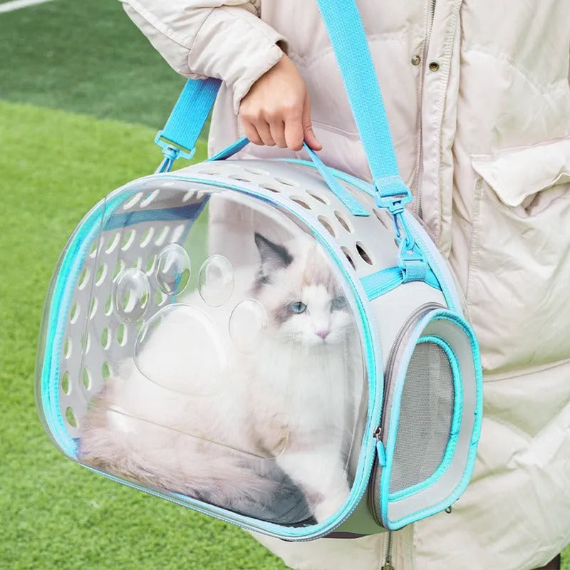 A large transparent hard-shell cat backpack in grass green, shown with dimensions for a pet up to 9kg.