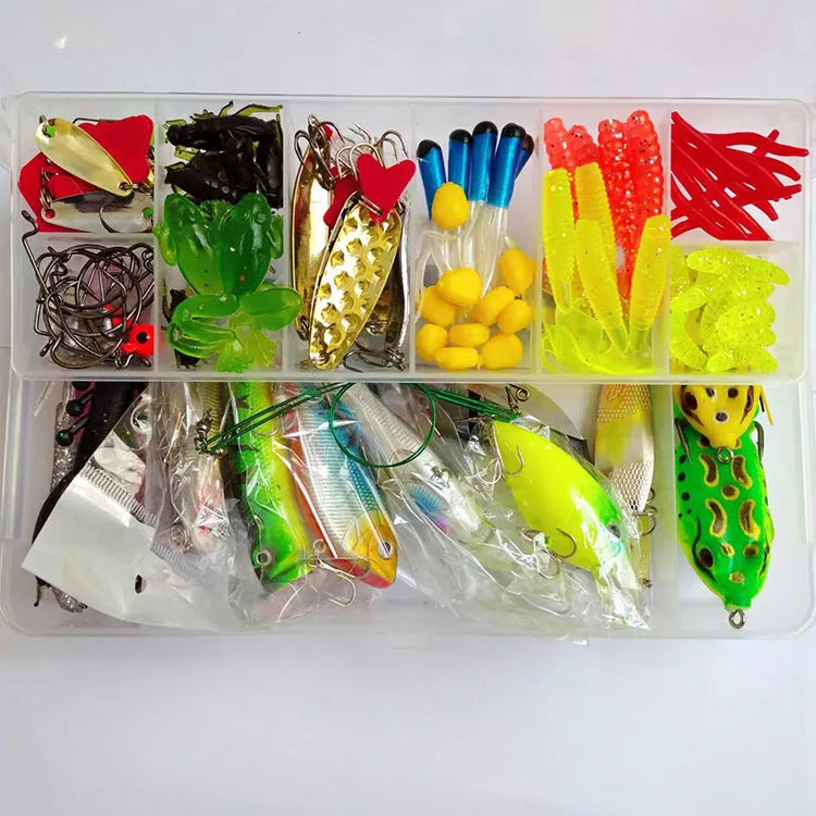Hard Mino fishing lure set with 142 pieces including sequin lures and fishing pliers