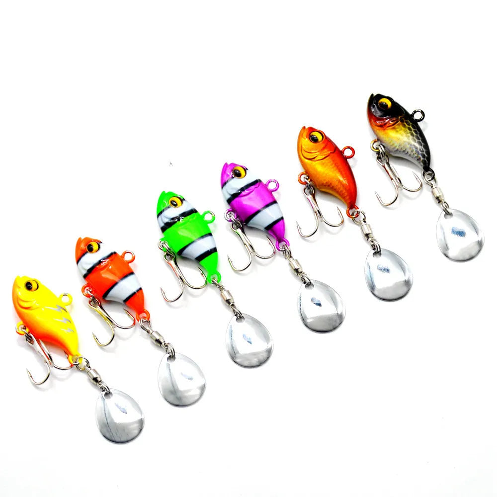 Metal fishing lure with rotating sequins in multiple colour patterns for freshwater and saltwater angling