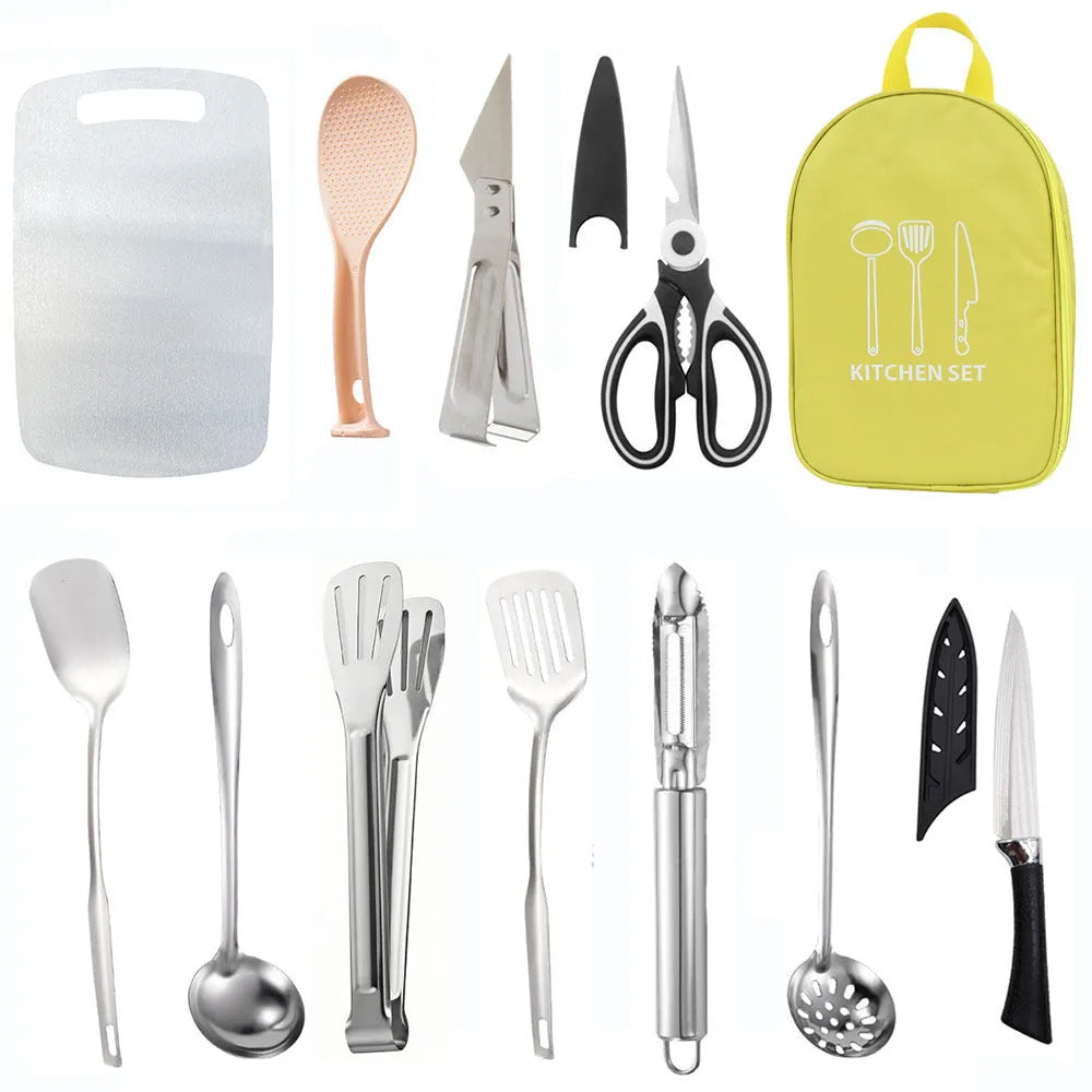 12-piece stainless steel picnic kitchenware set in storage bag