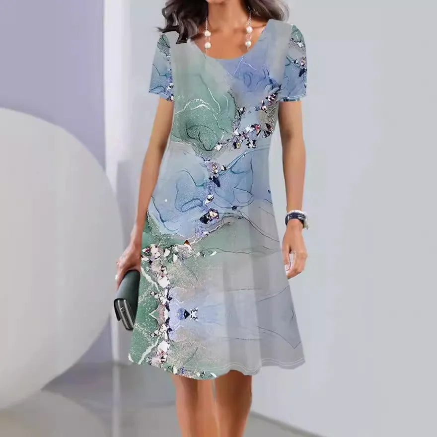 Women's ice silk floral print A-line summer dress with short sleeves and round neck.