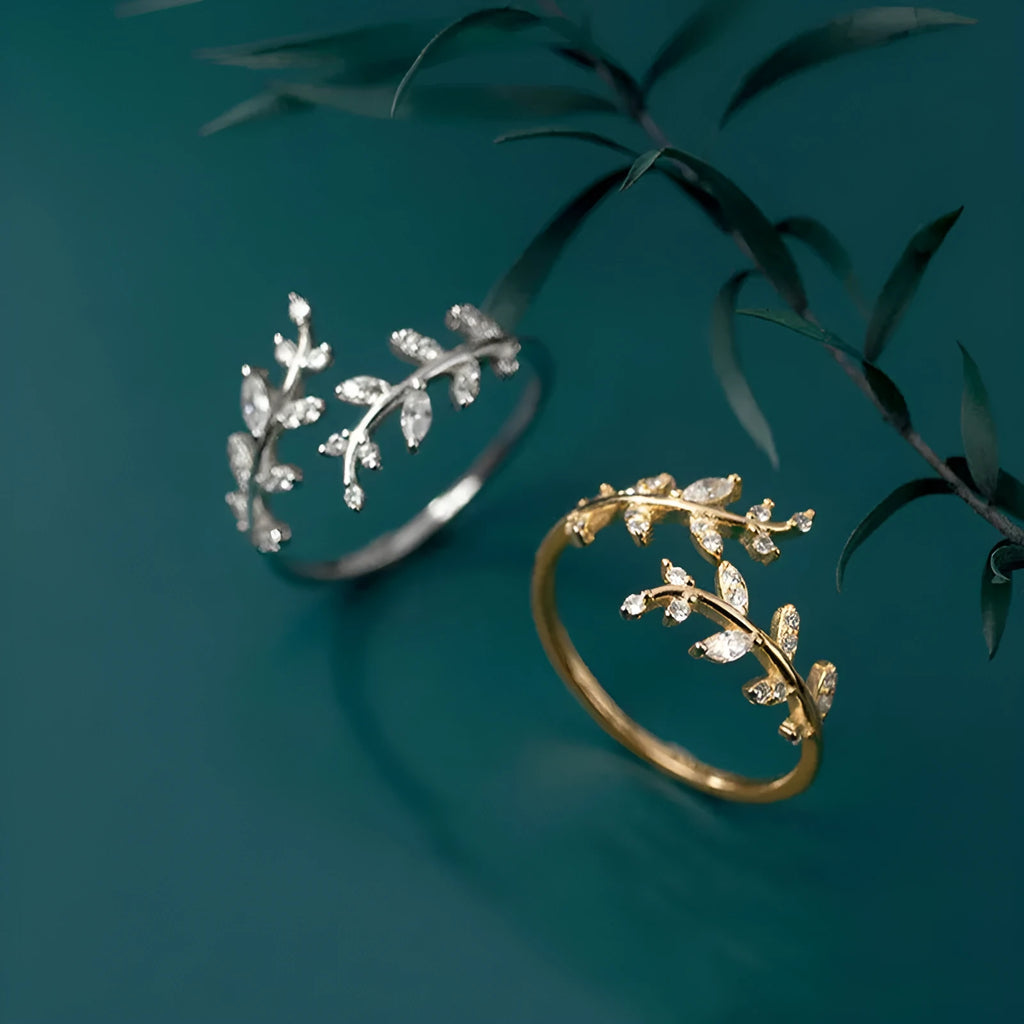 Women's copper branch leaf ring with electroplated gold or silver geometric design