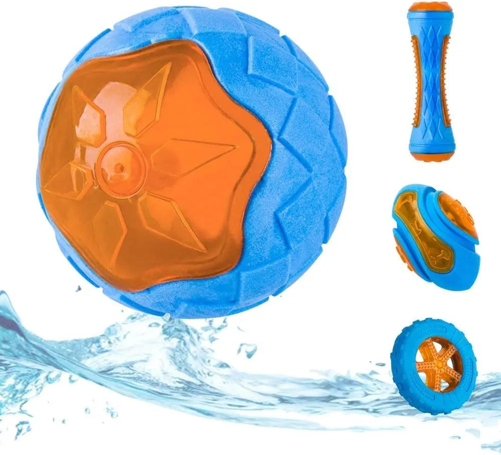 Three TPR floating dog toys: a ball, barbell, and tyre with bumpy textures for water fetch