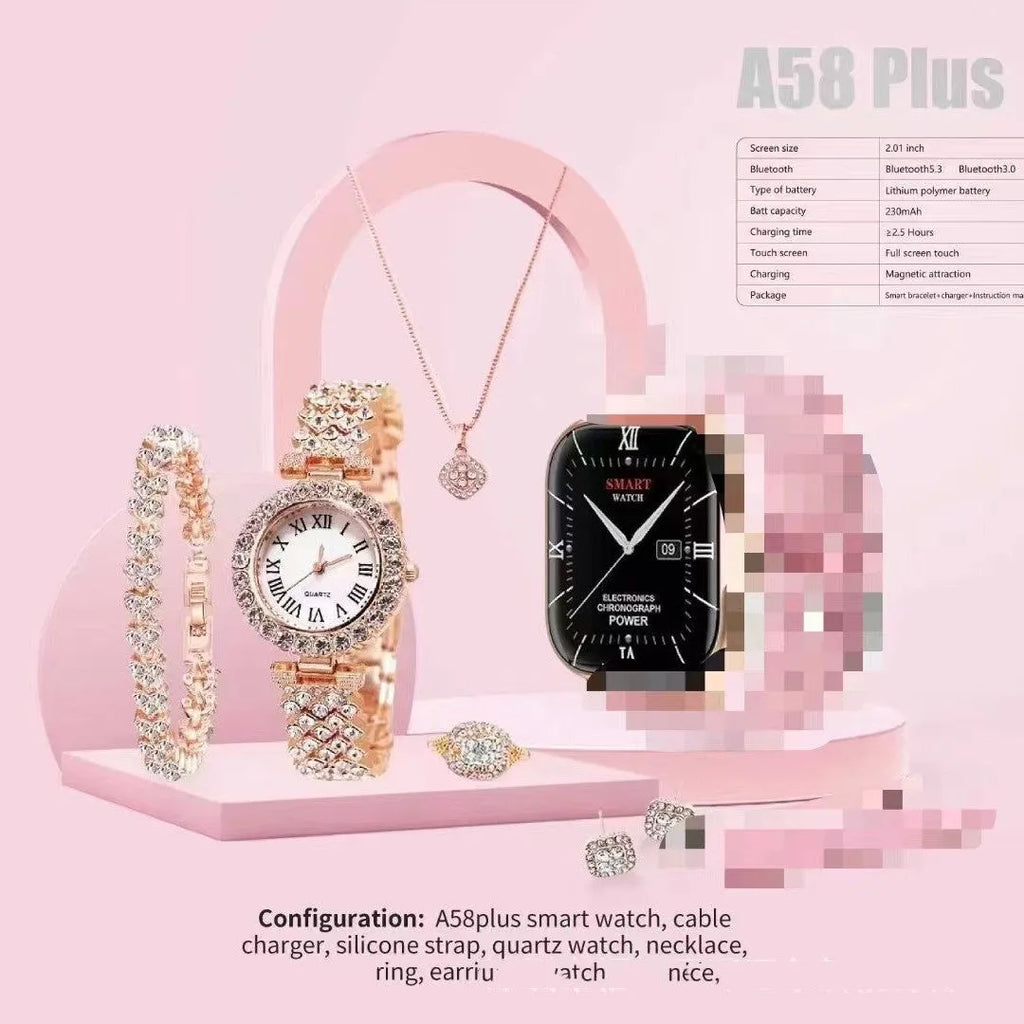 A58PLUS smart watch showing touch screen, on adjustable strap, with charger.