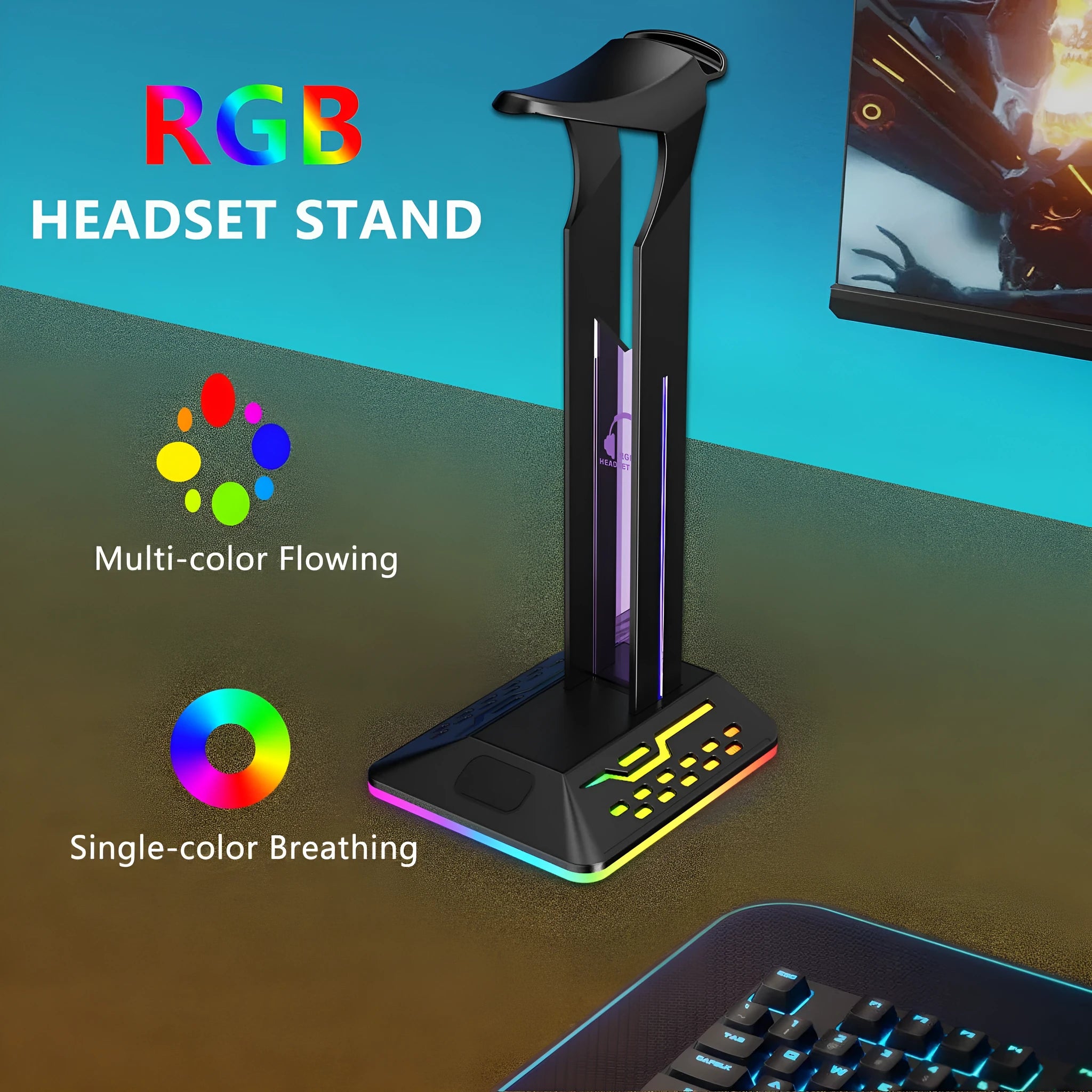 RGB colour changing headphone stand with dual USB hub showing black acrylic variant