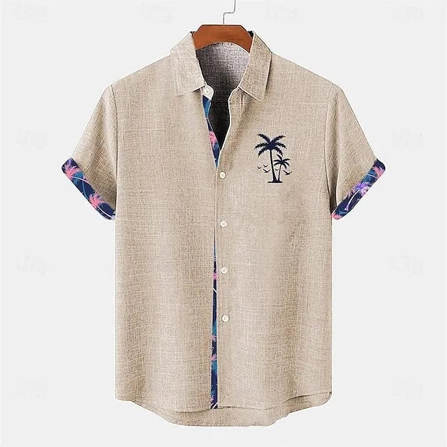 Linen short sleeve shirt with blue ocean fish pattern design in loose fit casual style