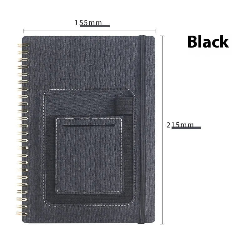 A5 erasable coil notebook with stone paper, open to show reusable pages and included pen, with custom cover options displayed.