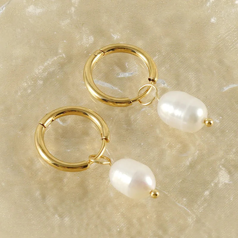 Gold geometric stainless steel earrings with freshwater pearls and titanium posts for women