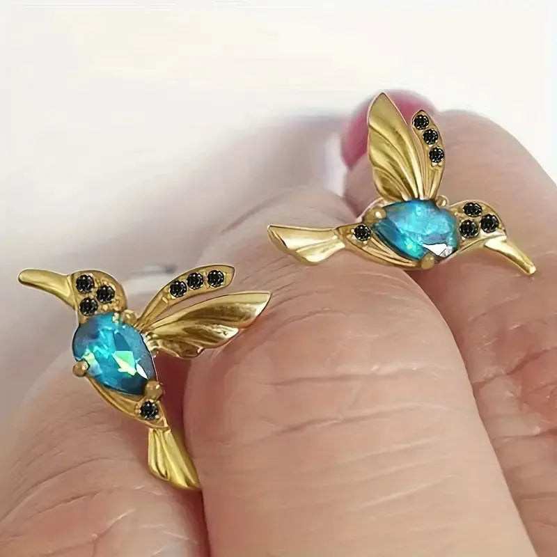 Bird hanging long drop earrings with mixed zirconium wings in blue, red, and red lvzuan colour options