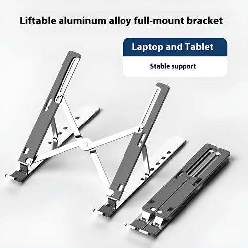 Folding aluminium laptop stand in silver finish showing cooling design for 16-18 inch notebooks