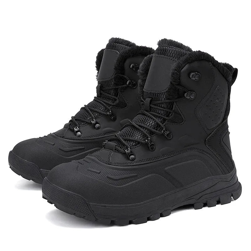 Men's black fleece-lined high-top winter boot with lace-up front and tall crown on a ribbed TPR sole.