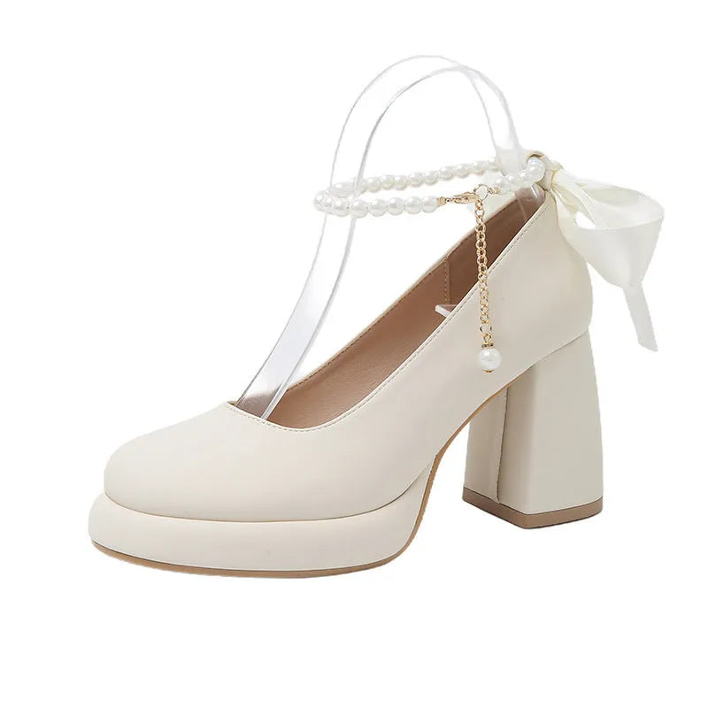Women's Mary Jane shoes with chunky heel and ankle-strap buckle in beige, black, or milk tea colour