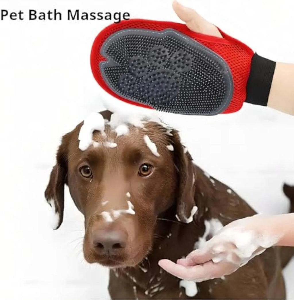 Red adjustable pet grooming and bathing glove for dogs and cats, showing brush surface.