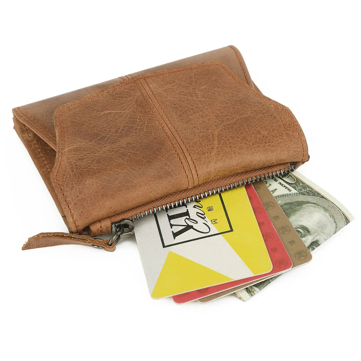 Genuine cowhide coin purse with stitching detail and anti-theft RFID protection
