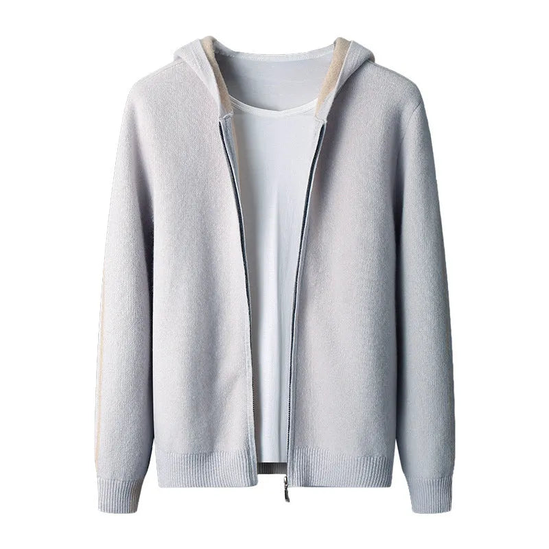 Men's dark blue cashmere cardigan with half-high collar and zip front in loose fit