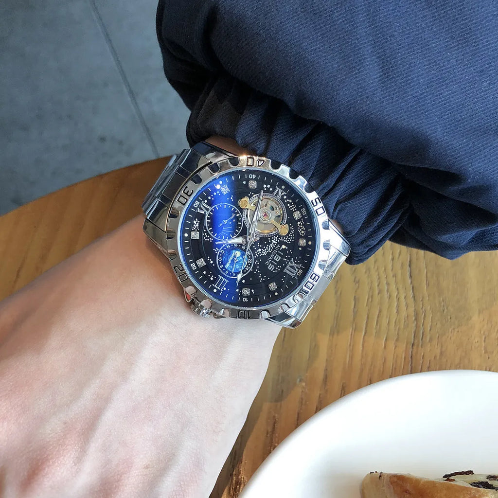 Men's silver case automatic mechanical watch with black starry dial and genuine leather strap