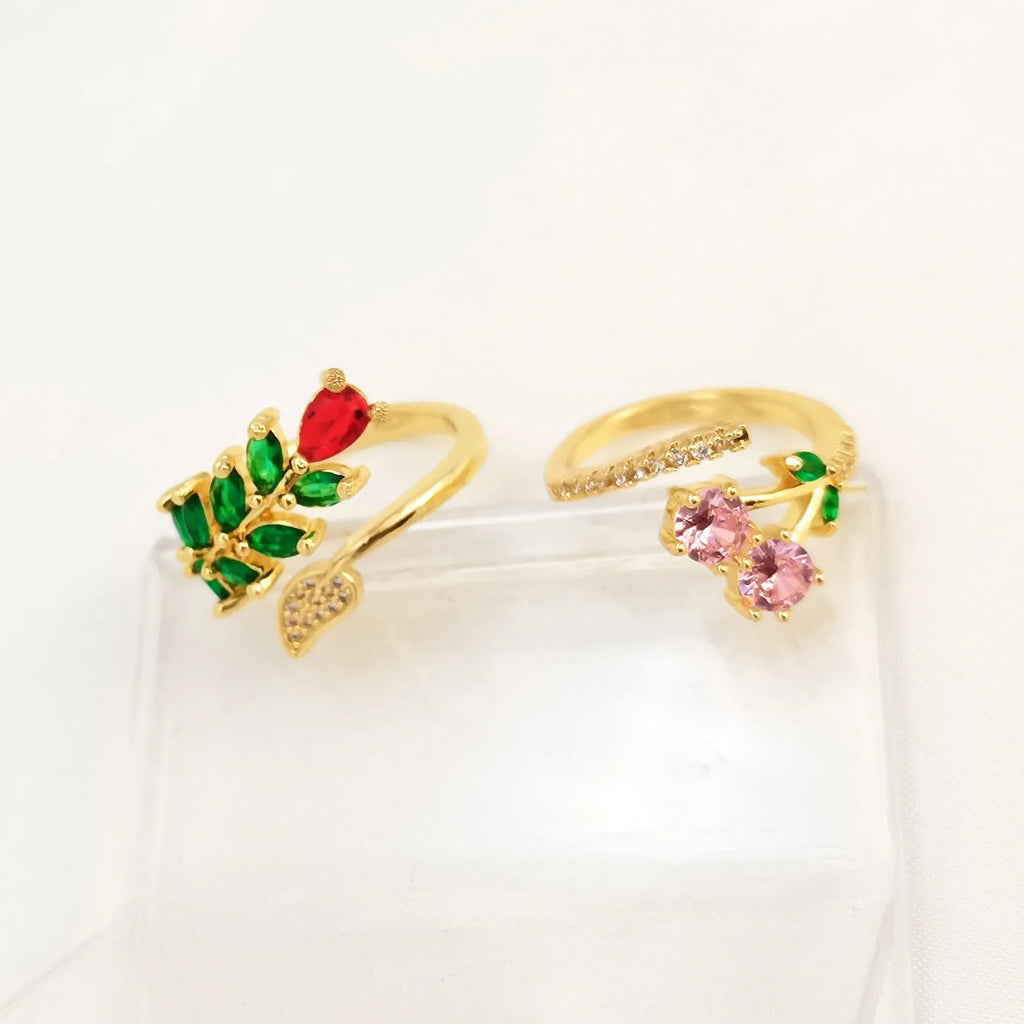 Women's copper geometric open ring with micro-inlaid leaf design or pink detail, gold plated finish