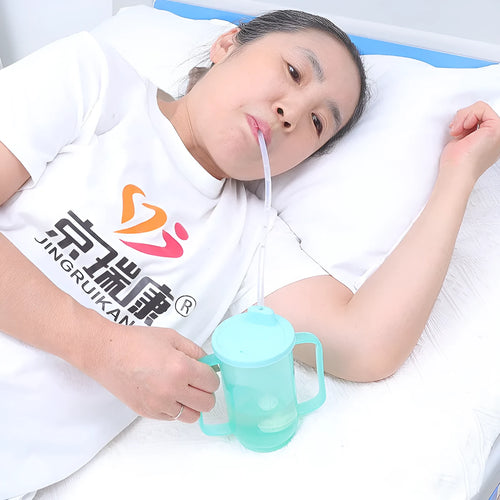 Adult anti-choke care cup with slanted spout, handle and lid in PP material