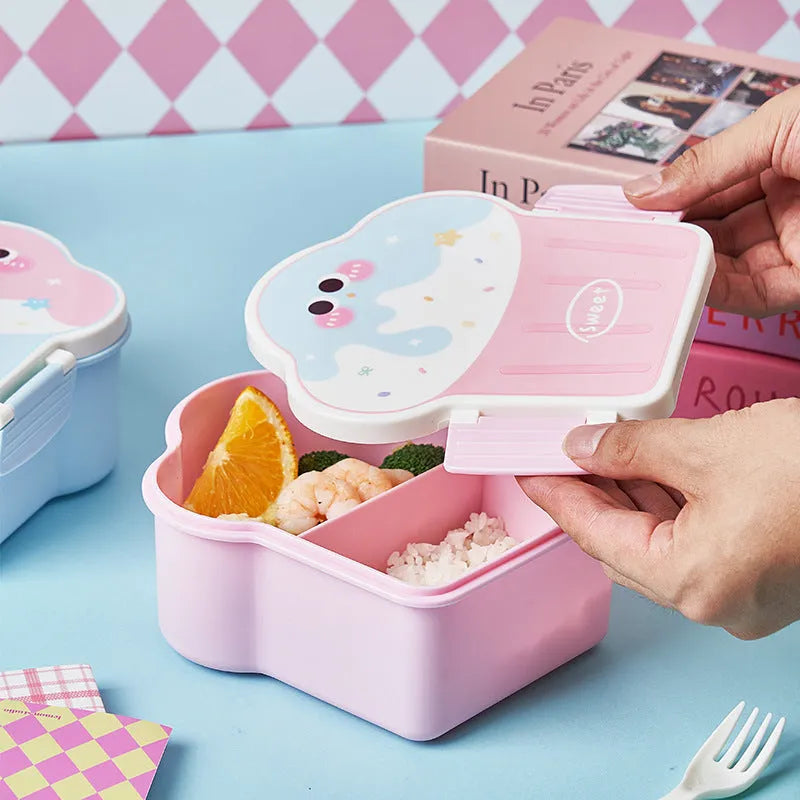 Blue and pink ice cream shaped plastic lunch box with spoon and fork included