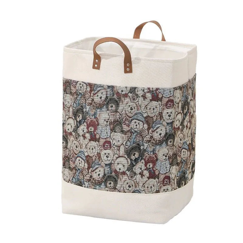 Fabric storage box with drawstring closure measuring 35x35x55cm in colourful bear pattern