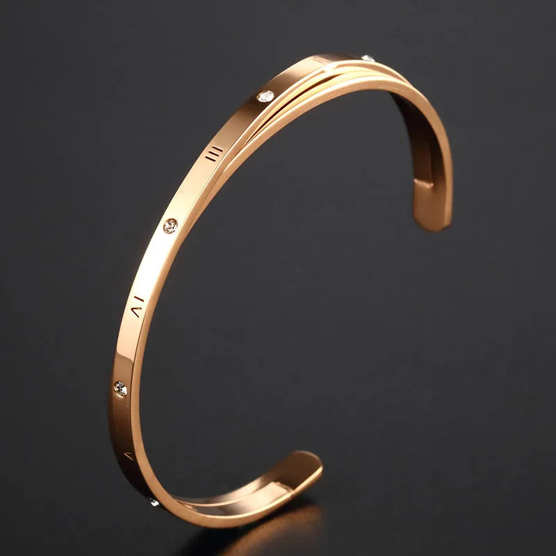 Women's open-ended bracelet with inlaid zircon stones in stainless steel with rose gold, steel or gold electroplated finish
