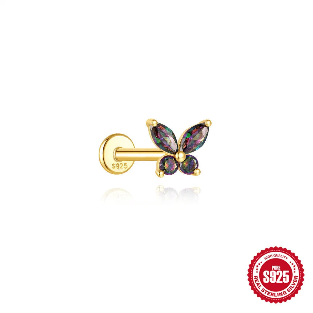 S925 sterling silver flat head thread ear stud with super shiny rainbow stone finish in a gold colour.
