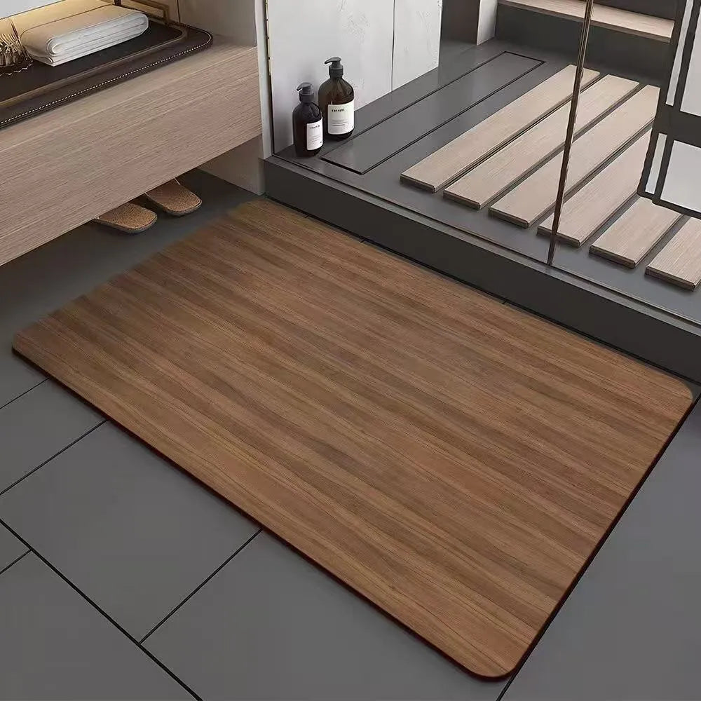 Square diatomite bathroom floor mat with wood grain pattern on bathroom tiles
