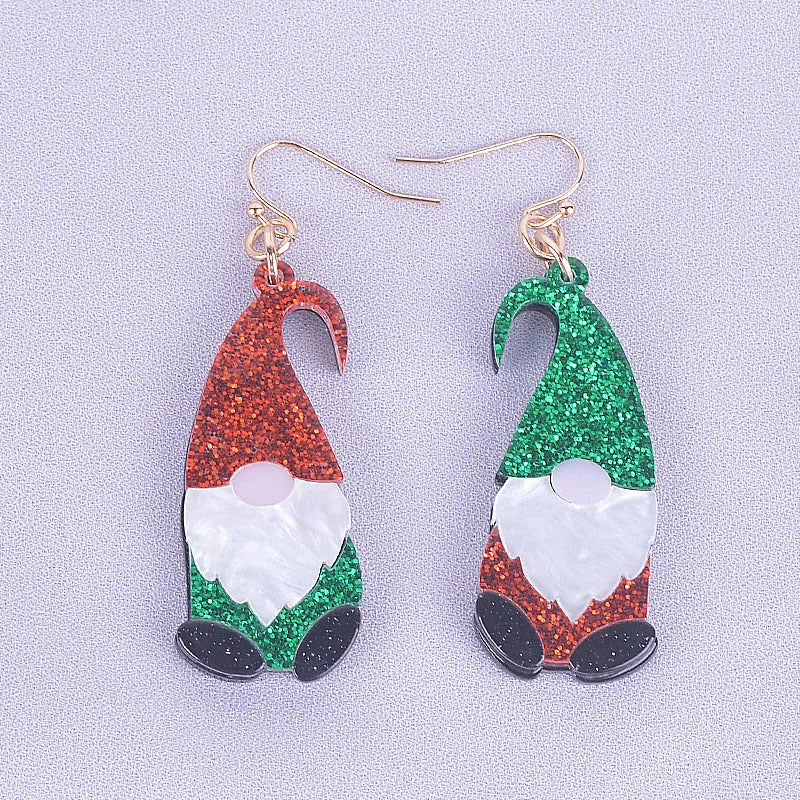 Santa Claus cartoon character acrylic fashion earrings showing red, green, and red/green hat colour options