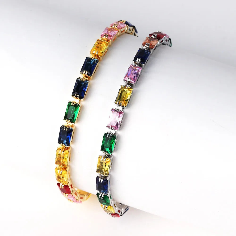 Close-up of a women's ins style bracelet with electroplated alloy band and sparkling zircon stones in a choice of colours.