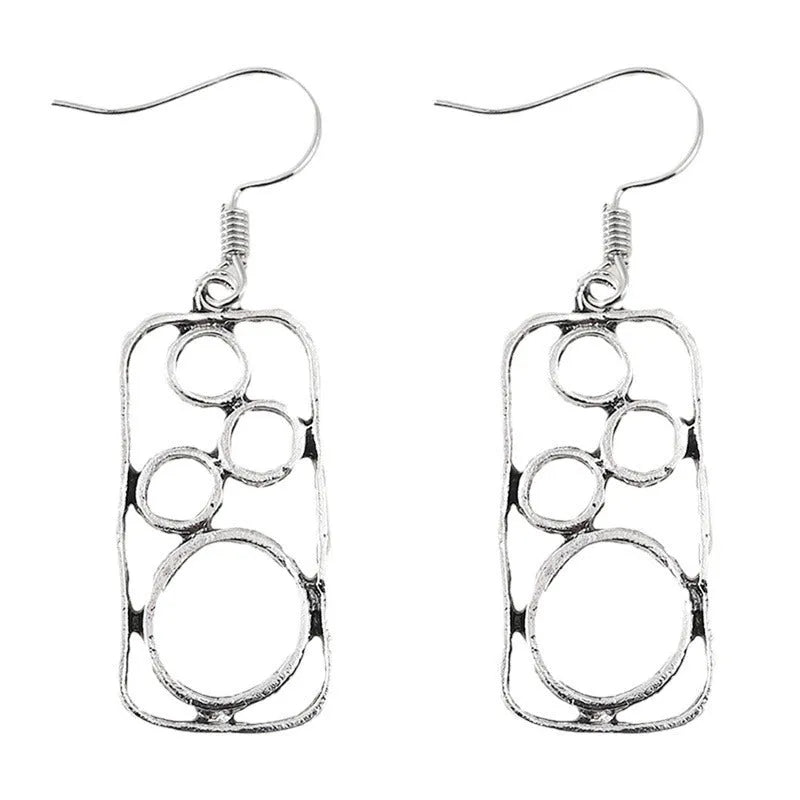 Geometric irregular square round ring earrings in antique silver zinc alloy