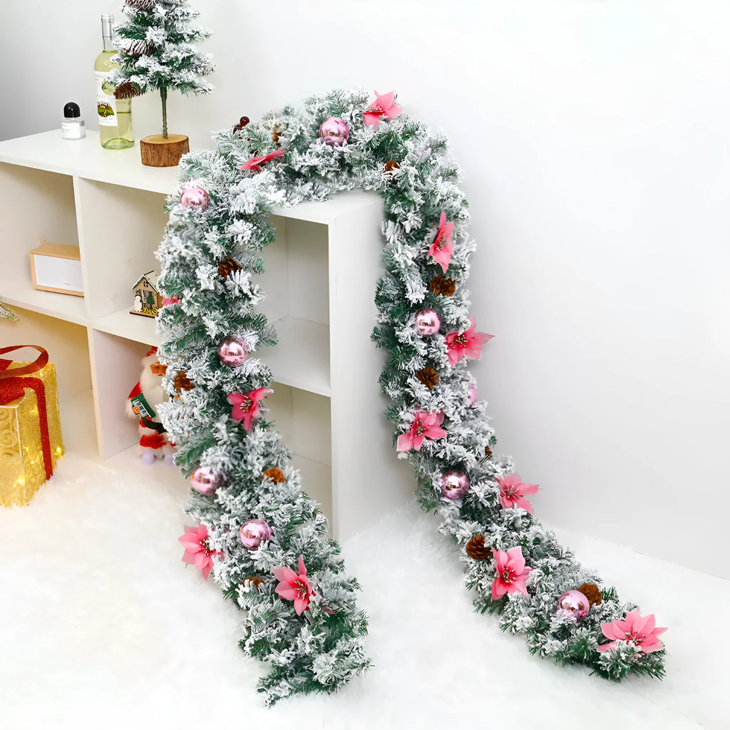 PVC Christmas rattan garland with flocked finish in golden colour option draped over mantelpiece