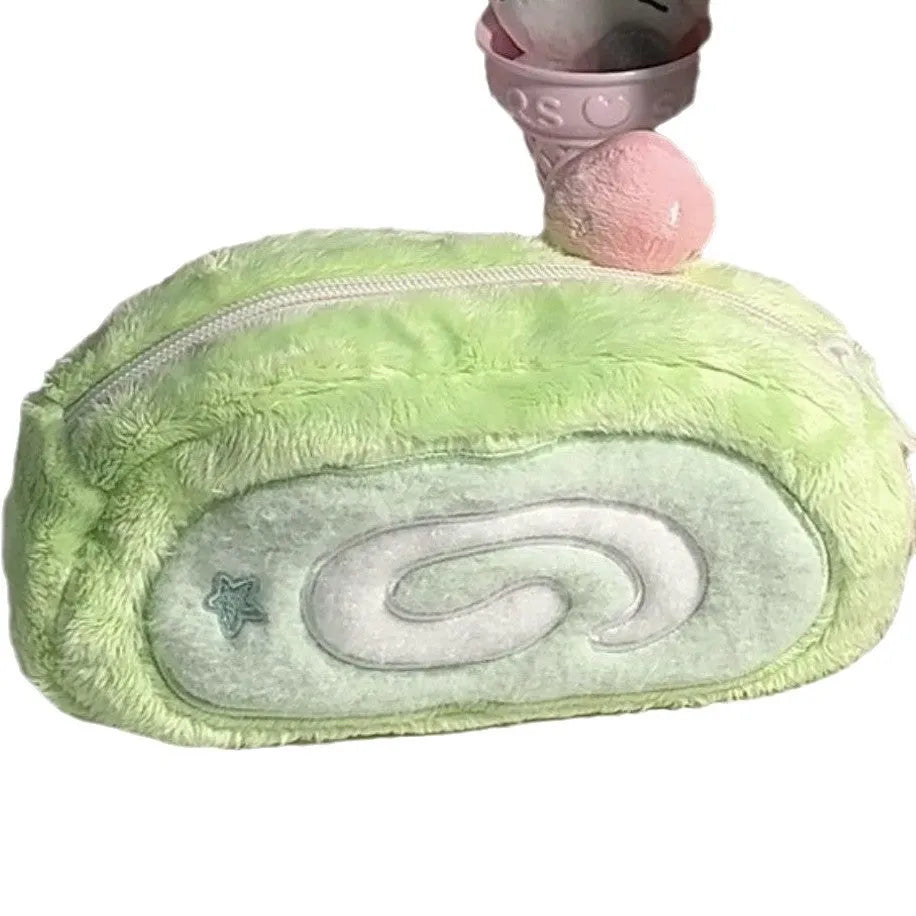 Honeydew Roll plush velvet pencil case with Swiss roll cake design for stationery storage.