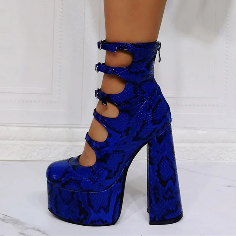 Women's black patent leather waterproof platform high heel boots with a thick heel and serpentine ankle strap.