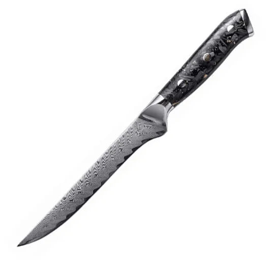 Damascus steel kitchen knife set showing eight different blade sizes with fishbone pattern detailing