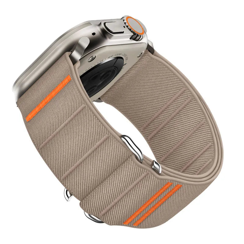 Elastic nylon Apple Watch compatible band with stainless steel buckle shown in multiple colour options
