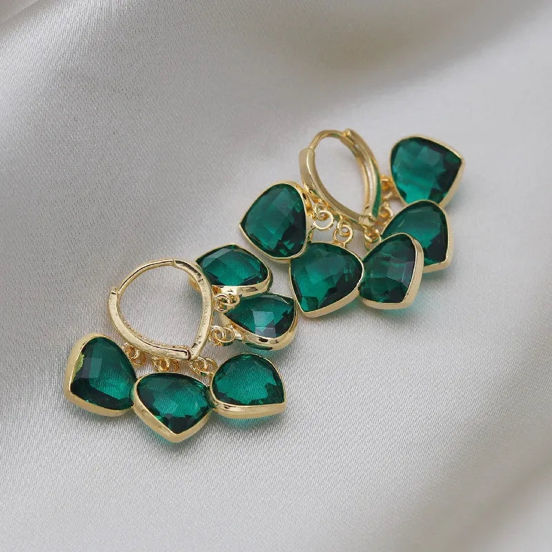 Green heart pendant glass ear clip earrings with Korean style design and alloy gemstone details