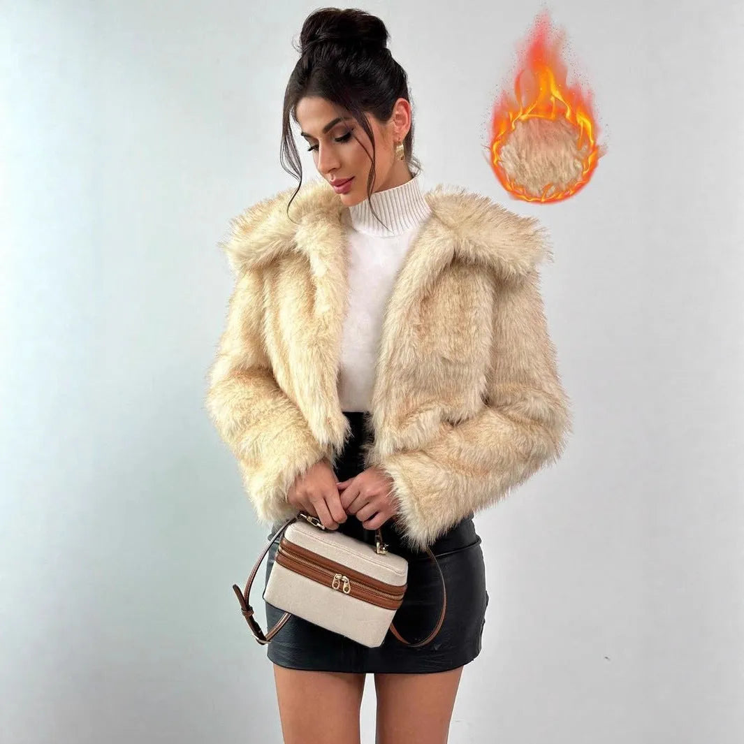 Women's artificial fur coat with fur collar in various colour options including black tip patterns