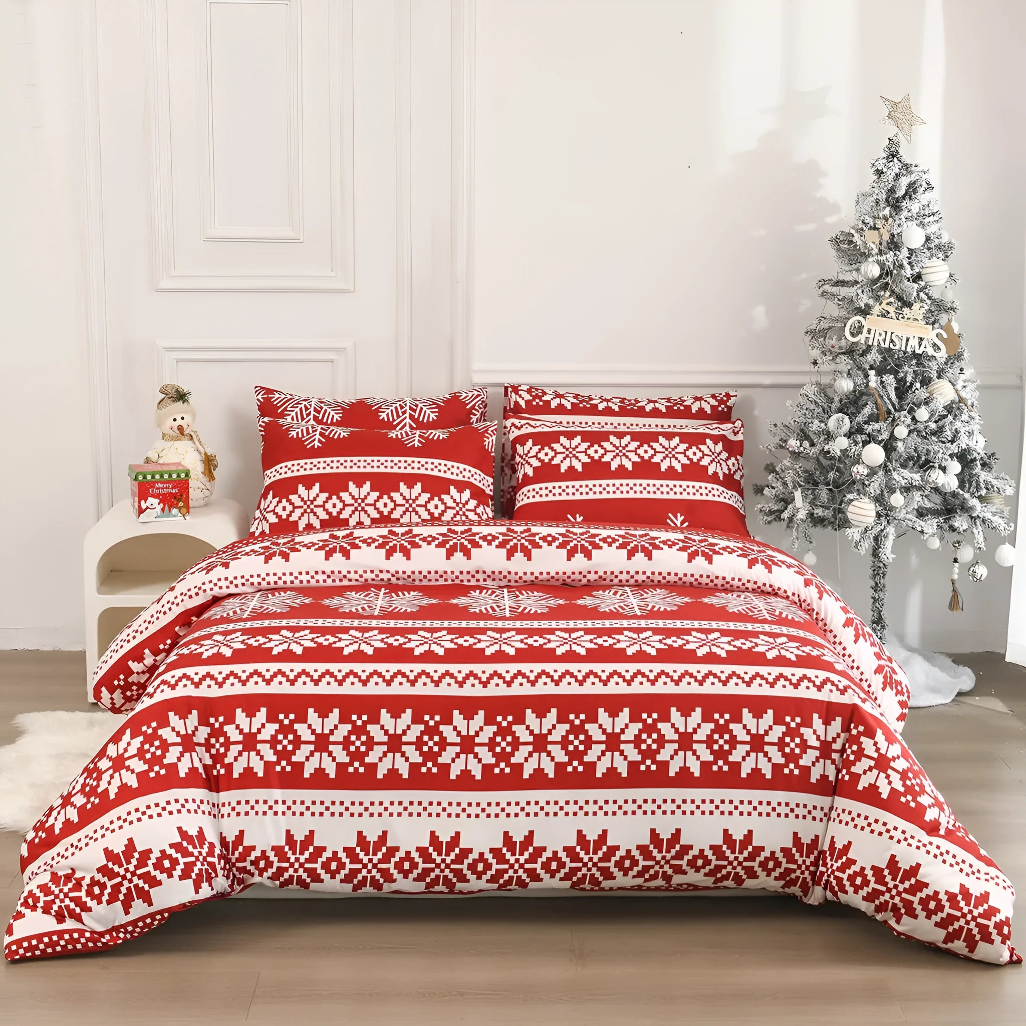 Red Winter Sleepers bed three-piece set with Christmas Love Song pattern showing quilt cover and pillowcases